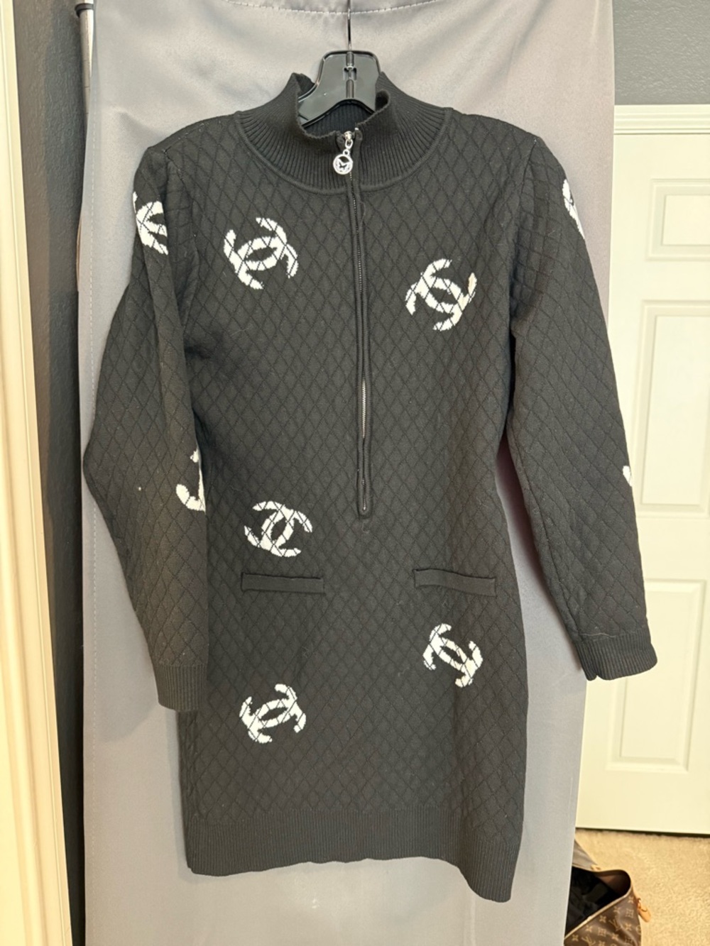 Black Knit Zip-Front Sweater Dress with White Logo